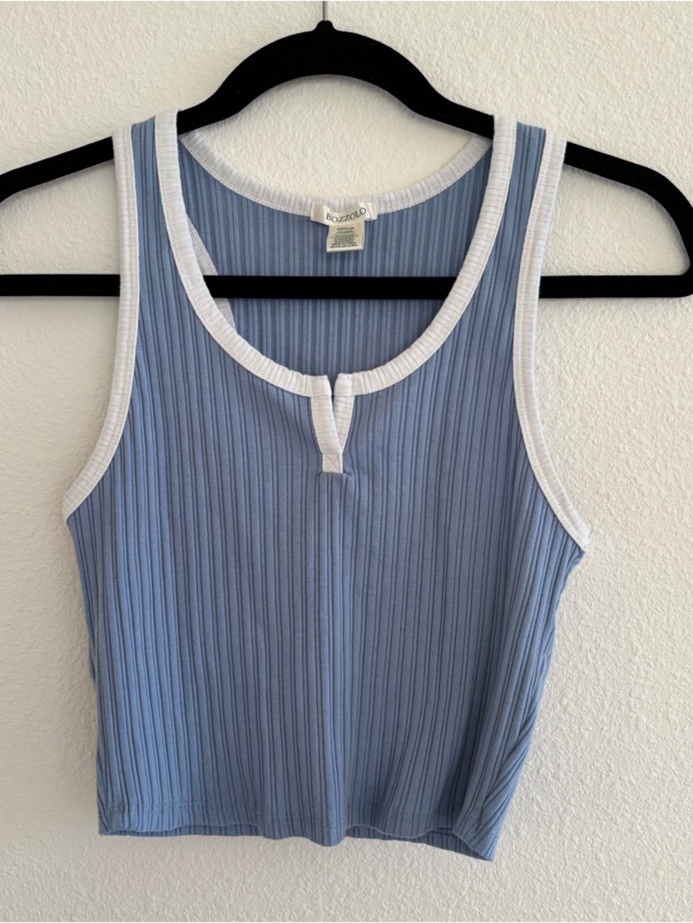 Blue Ribbed Tank Top White Trim Fitted Stretch Sleeveless Crop Top